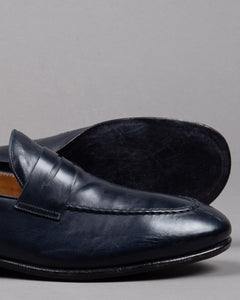 Alberto Fasciani Vulcano penny loafer shoe in blue leather with leather sole for men